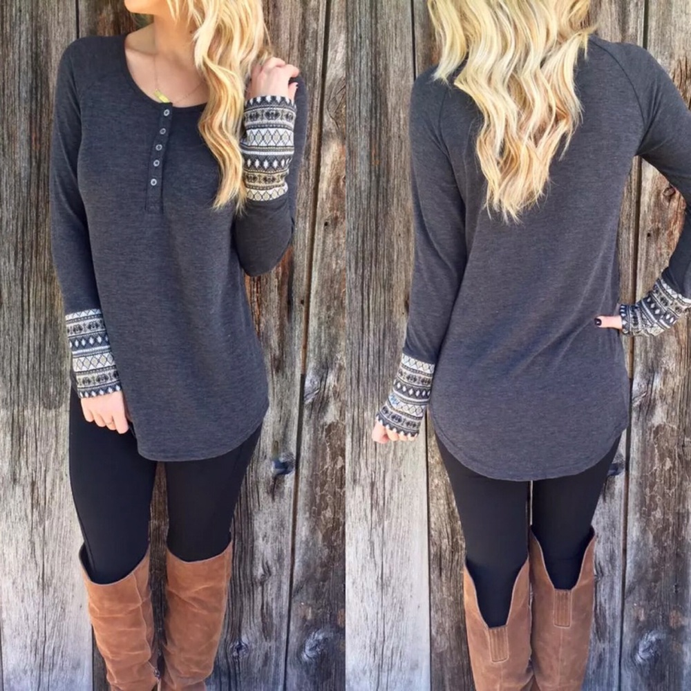 ๐ฅ CLEARANCE Contrast Cuff High Low Button Henley - Picture 3 of 8